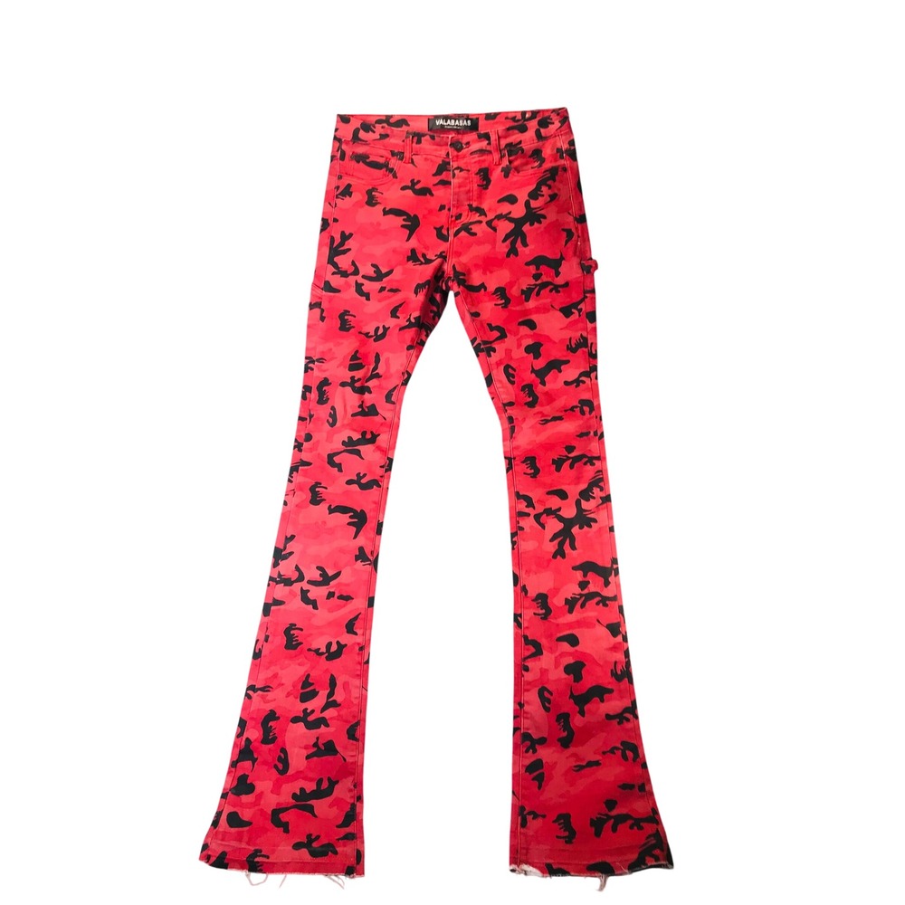 Valabasas Red Camo Carpenter Jeans Mens Flare Leg Raw Hem Streetwear Denim 35x39